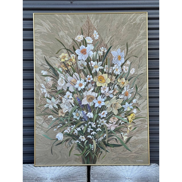 Framed Signed Wainwright Floral Painting Titled "Spring Flowers with Winter Leaf," Dated Jan '75. Dimensions: 40.25"h x...