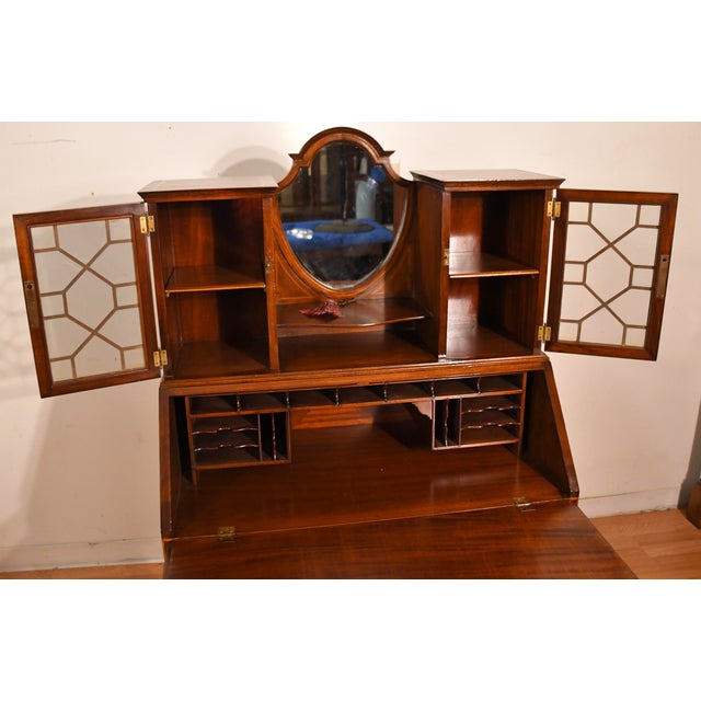 Wood 1900s Antique English Edwardian Mahogany & Satinwood Inlay Secretary Desk Writing Desk For Sale - Image 7 of 18