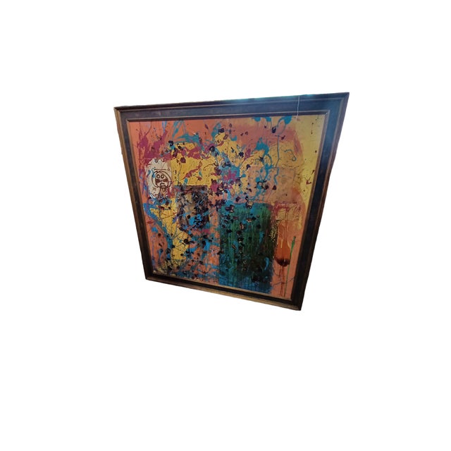 Vintage abstract framed mixed media oil on Wood. Abstract painting incorporates oil paint, rose petals, twine , old...