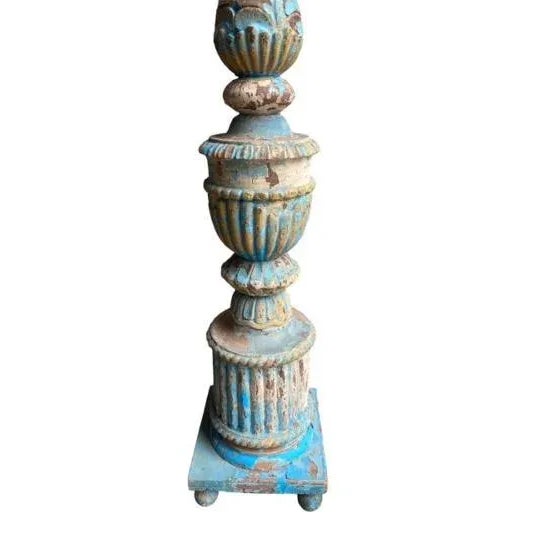 A late 19th century wood altar pricket candle holder in beautiful blue chippy paint — antique primitive charm for...