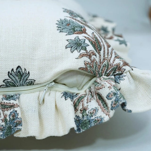 Fabdivine Artistic Block Print Fril Pillow Cover Gray 26x26 Inch Off-White Linen- Morpankh For Sale - Image 4 of 5