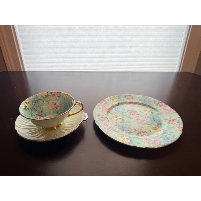 Mid 20th Century Shelley Oleander Melody Trio Bone China Tea Cup Saucer & Plate Three Piece Set For Sale - Image 5 of 6