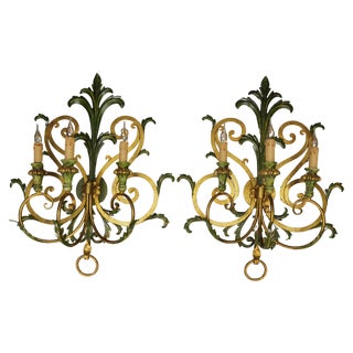 Large Gilt and Green Color Metal and Wood Sconces, 1960s, Set of 2 For Sale