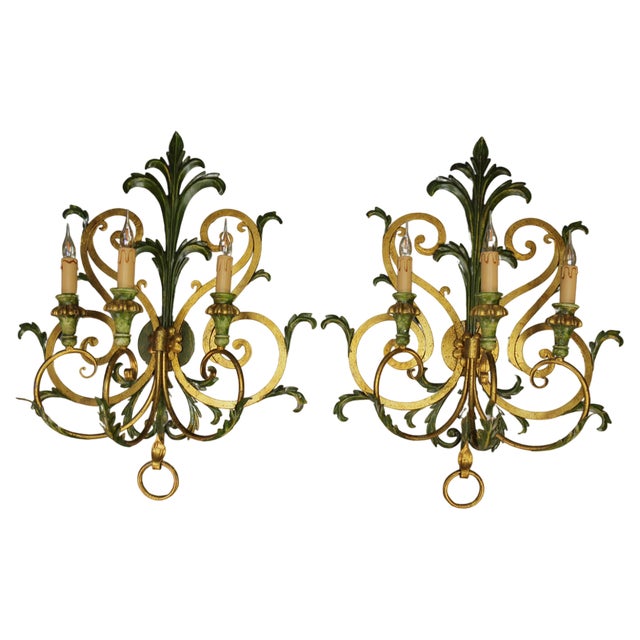 Large Gilt and Green Color Metal and Wood Sconces, 1960s, Set of 2 For Sale