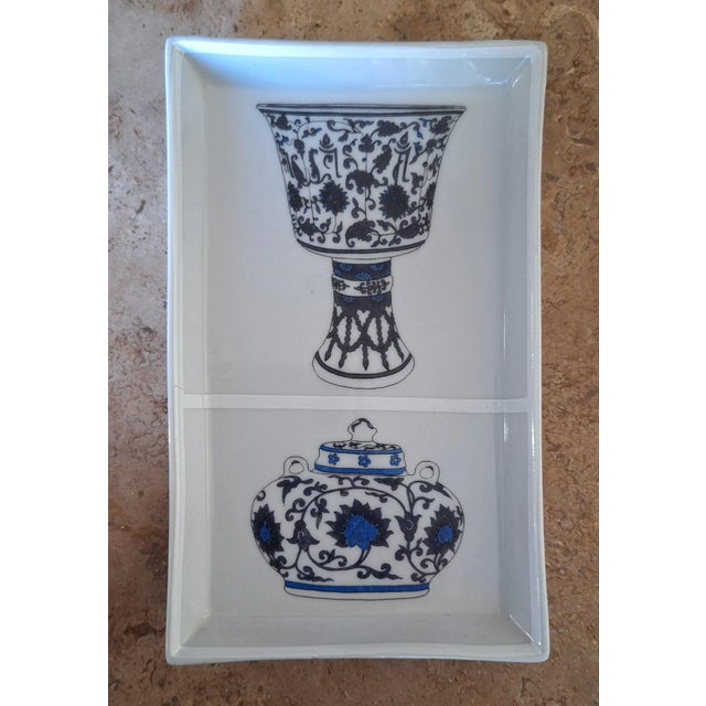 Here is a vintage blue and white Chinoiserie style trinket tray by the famous French artist Fabienne Jouvin, hand painted...