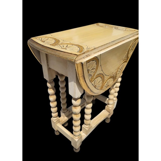 Vintage Gold Cream Carved Barely Twist Gate Leg Drop Leaf French Side Table For Sale In West Palm - Image 6 of 11