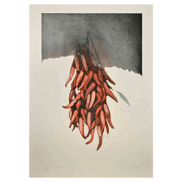 Enotrio Pugliese, Still Life with Red Peppers, Etching, 1960s For Sale
