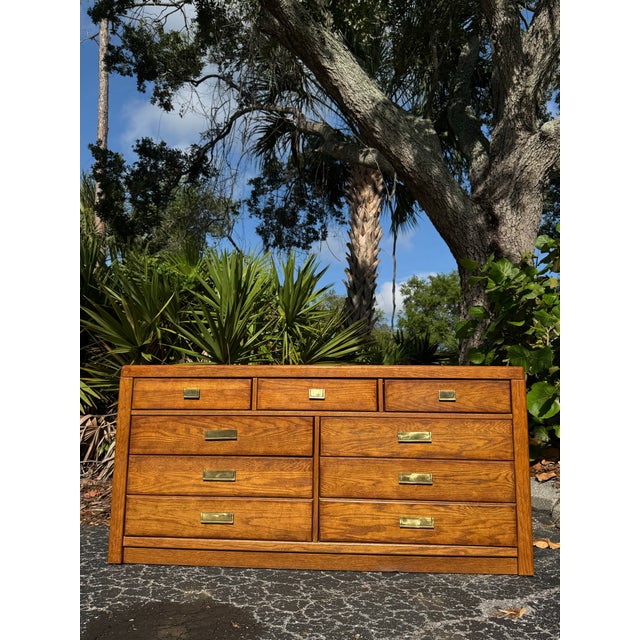 Vintage Stanley Furniture Mid-Century Modern Oak Lowboy Dresser With Brass Hardware For Sale - Image 9 of 9