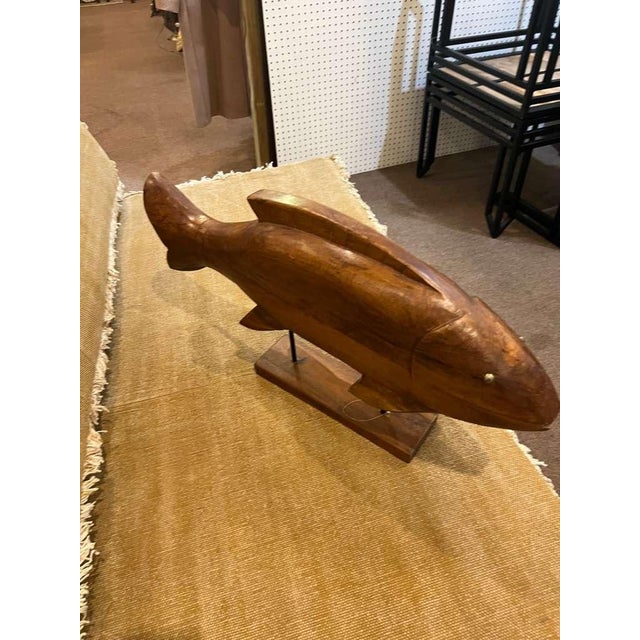 Hand-Carved Wooden Fish Sculpture on Stand For Sale - Image 4 of 6
