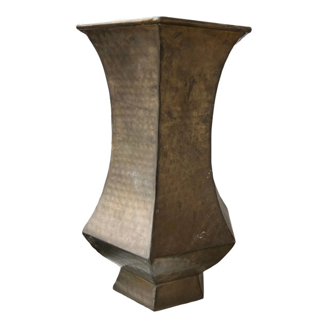 Mid 20th Century Large Hammered Brass Vase, Geometric For Sale