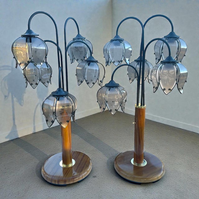 Hollywood Regency Pair of Vintage Hollywood Regency Lotus Flower Waterfall Table Lamps-Smokey Glass For Sale - Image 3 of 5