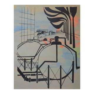 Vintage Mid Century Industrial Refinery Scene Serigraph For Sale