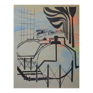 Vintage Mid Century Industrial Refinery Scene Serigraph