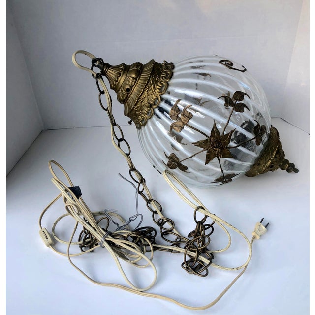 Mid 20th Century Hollywood Regency Round Opaque and Clear Swag Lamp Brass Flowers For Sale - Image 10 of 13