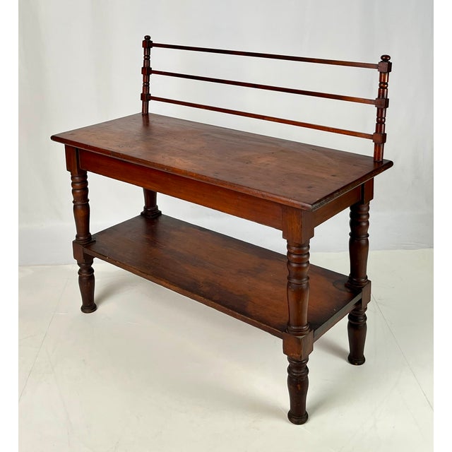Antique Rustic Wood Baker's Rack / Wash Stand With Slotted Gallery & Lower Shelf For Sale - Image 6 of 13