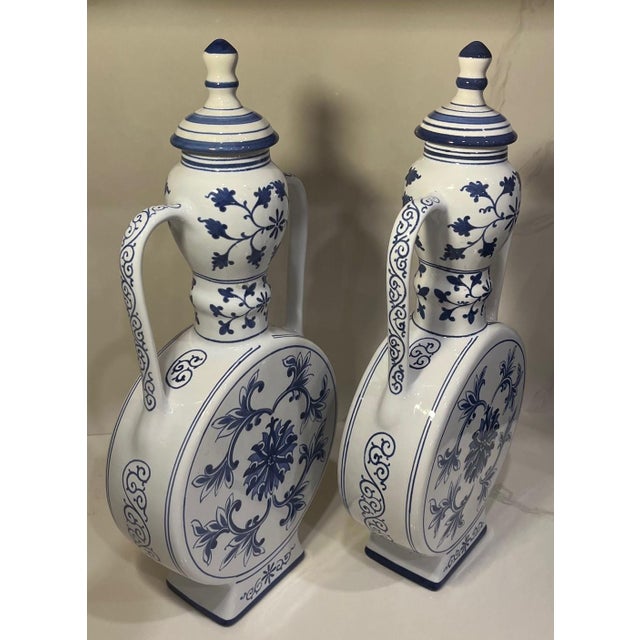 Chinese Vintage Pair of Blue and White Chinese Porcelain Moonflask (Urn, Vase) For Sale - Image 3 of 13