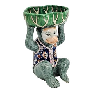 Vintage Tobacco Leaf Monkey Table Sculpture Bowl Catchall Dish Hand Painted Peoples Republic of China - Chinese Porcelain Ceramic -- Mid 20th Century For Sale