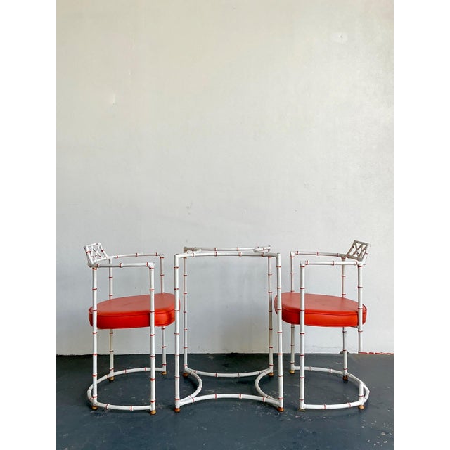 Vintage Faux Metal Bamboo Patio Hollywood Chairs and Table Set For Sale - Image 15 of 16