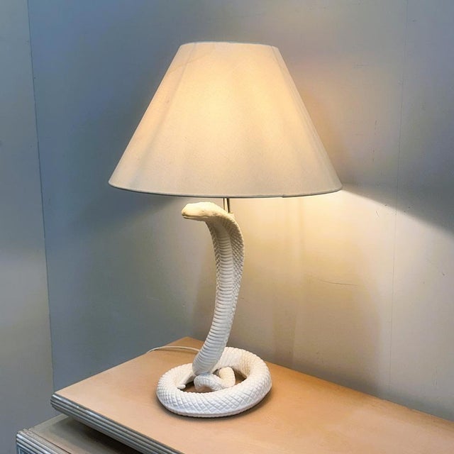 Vintage White Ceramic Cobra Table Lamp attributed to Tommaso Barbi, 1970s For Sale - Image 10 of 14