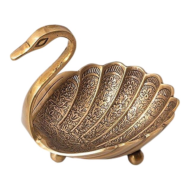 Vintage Gilded Swan-Shaped Decorative Dish With Intricate Floral Detail For Sale