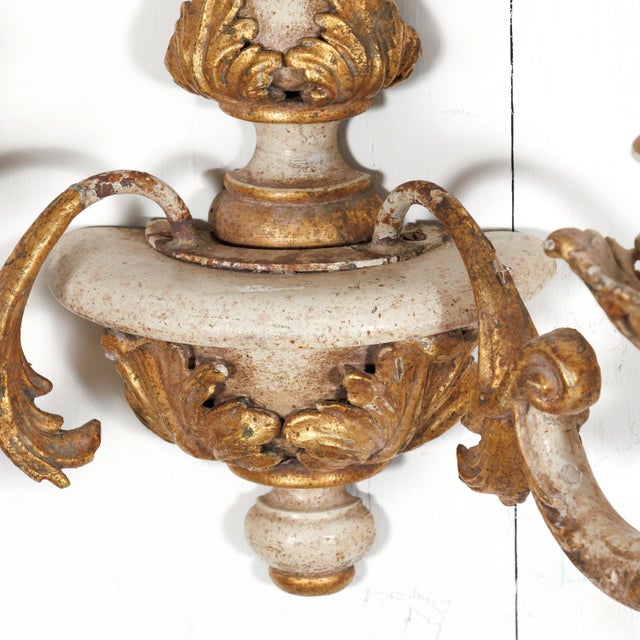 Vintage 20th Century Pair Italian Painted and Parcel Gilt Hand Carved Wooden 2-Light Sconces For Sale - Image 10 of 10