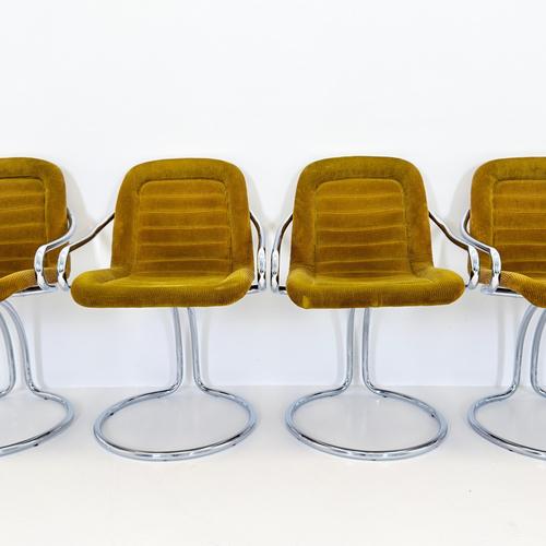 Gold Mid-Century Modern Italian Round Smoked Glass Table and Cantilever Chairs by Gastone Rinaldi, 1970s, Set of 7 For Sale - Image 8 of 18