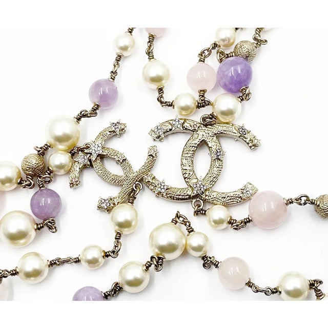 Contemporary Chanel Light Gold CC Starfish Lavender Stone Pearl Necklace For Sale - Image 3 of 4