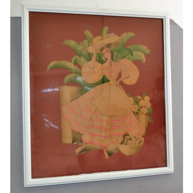 Bernard Watercolor Columbian Woman Carries Fruit Basket Folk Art Ornated Frame For Sale - Image 4 of 13
