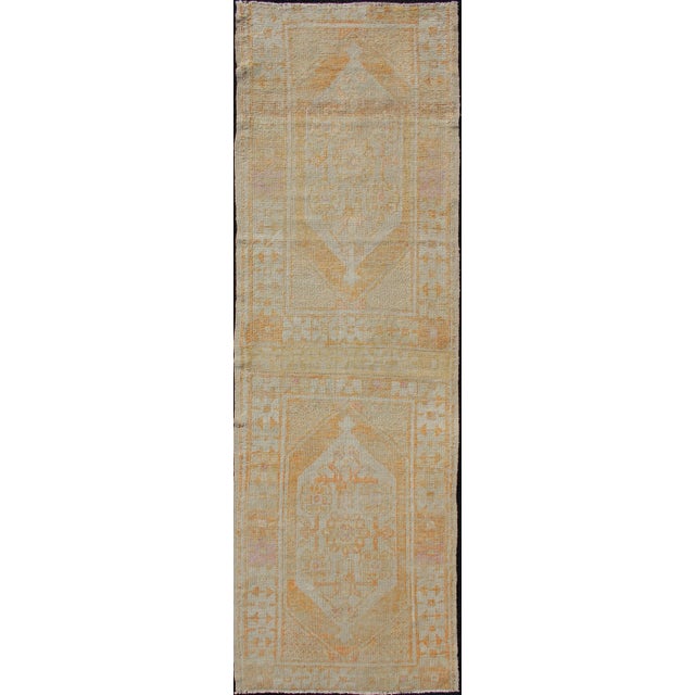 Vintage Turkish Oushak Runner With Medallion's in Light Blue, Cream, Light Orange For Sale - Image 13 of 13