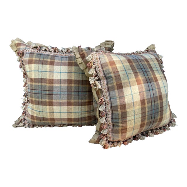 Contemporary Camel & Teal Tartan Pillows Covers- a Pair For Sale