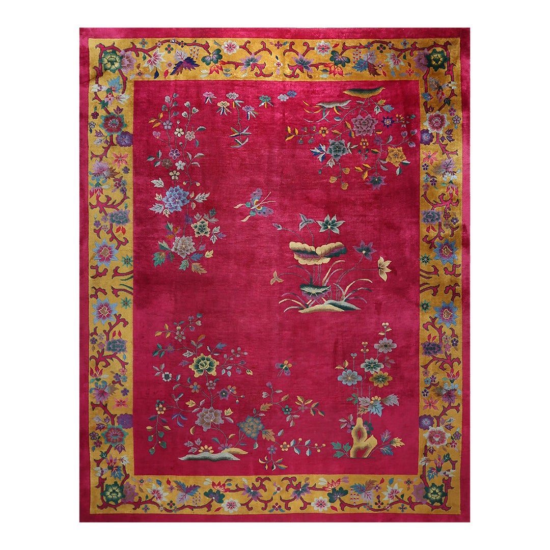 1920s Room Size Wool Fuschia Chinese Floral Modern Antique Knotted Art ...