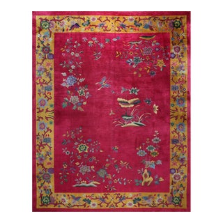 1920s Room Size Wool Fuschia Chinese Floral Modern Antique Knotted Art Deco Rug For Sale