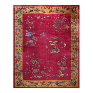 1920s Room Size Wool Fuschia Chinese Floral Modern Antique Knotted Art Deco Rug