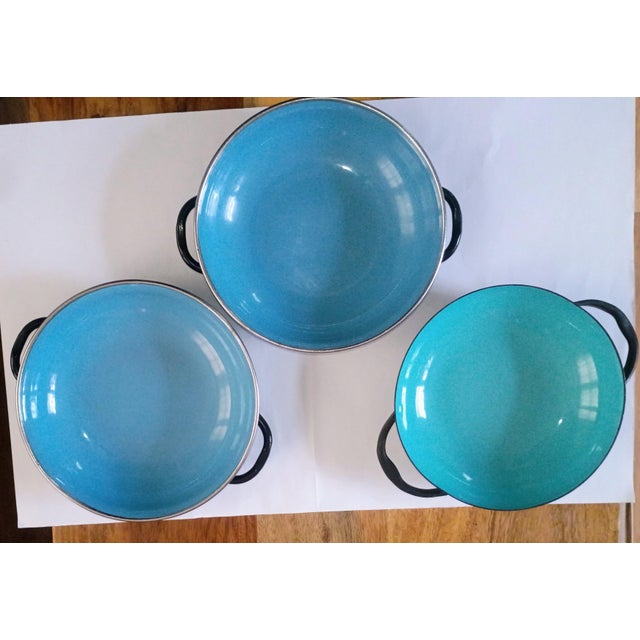 Mid 20th Century Mid 20th Century Tableware, Blue Enamel - 3 Bowls, 3 Handles For Sale - Image 5 of 5