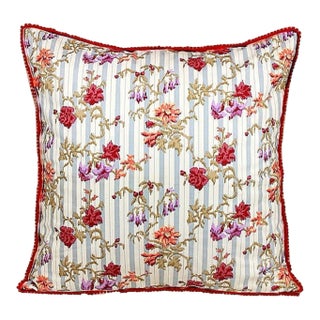 Vintage 1980s Jane Churchill Floral Stripe Pillow Cover With Pom Pom Trim For Sale