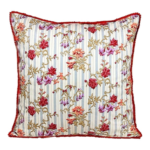 Vintage 1980s Jane Churchill Floral Stripe Pillow Cover With Pom Pom Trim For Sale