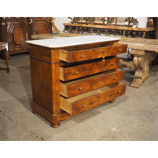 Brown Antique French Burl Walnut Louis Philippe Style Commode White Carrara Marble Top, Late 1800s For Sale - Image 8 of 18
