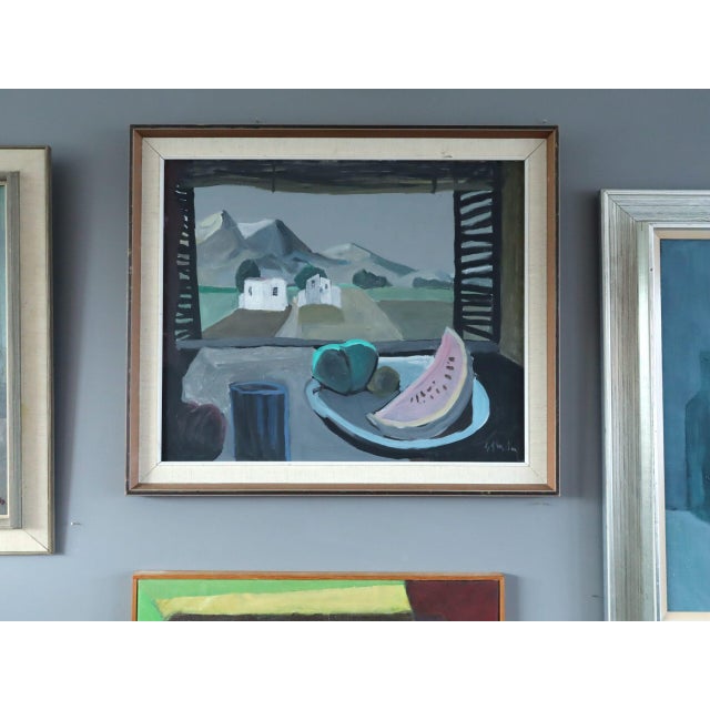 Mid-Century Modern Mid-Century Modern 'Still Life With Mountain View' Vintage Original Interior Oil Painting, Framed For Sale - Image 3 of 13