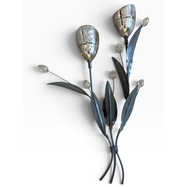 Vintage Botanical Metal & Glass Wall Sculpture | Floral Candle Holder For Sale In Portland, ME - Image 6 of 6