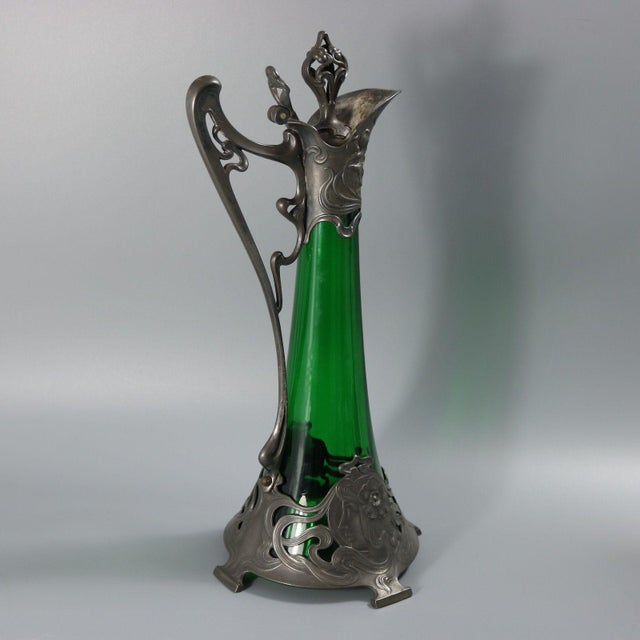 1910s Art Nouveau WMF Claret Jug With Green Glass Liner For Sale - Image 4 of 14