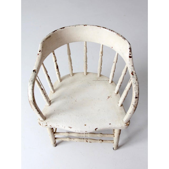Wood Antique White Painted Windsor Captain's Chair With Spindle Back For Sale - Image 7 of 16