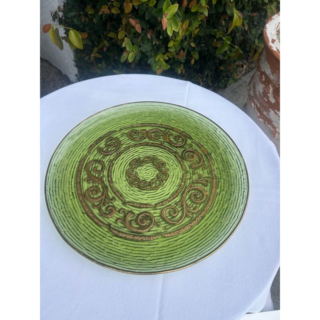 Mid 20th Century Vintage Mid-Century Green Glass Platter With Gold Scrollwork For Sale - Image 5 of 10