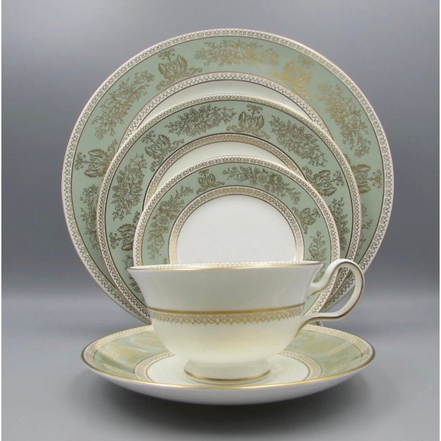 English 1990s Wedgwood New Gold Columbia Sage Green Service for 12, Plus 6 Rim Soup Bowls R4409 - 66pc For Sale - Image 3 of 10