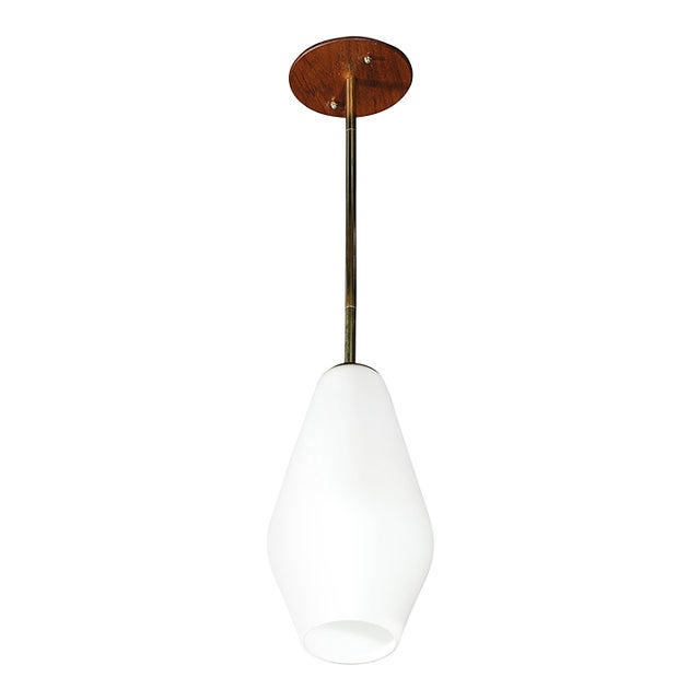 Mid-Century Modern Frosted Glass & Walnut Pendant Chandelier With Brass Fittings For Sale