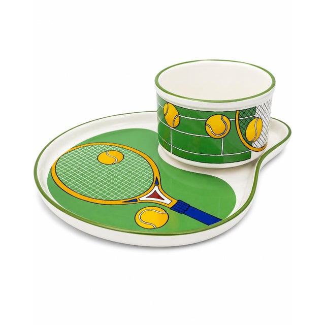 Details: -Vintage tennis racket coffee cup saucer set ceramic with green trim -Cup and saucer feature a vibrant tennis...