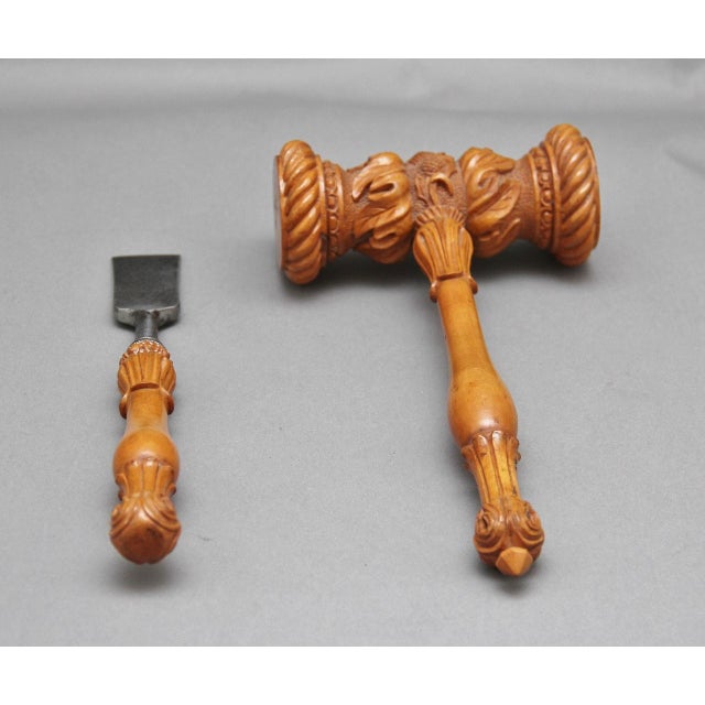 19th Century ceremonial launching carved mallet and chisel made out of boxwood, both the mallet and chisel having fabulous...