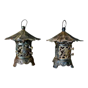 Pair Antique Chinese Iron Pagoda Garden Candle Lanterns