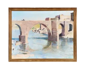 Harald Hansen, Landscape with Bridge, 20th Century, Oil on Canvas, Framed