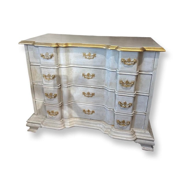 Vintage great Pair of Gustavian Style Pair of Commodes Gray and Gold Painted with 4 Drawers each and Gilt-bronze pulls.