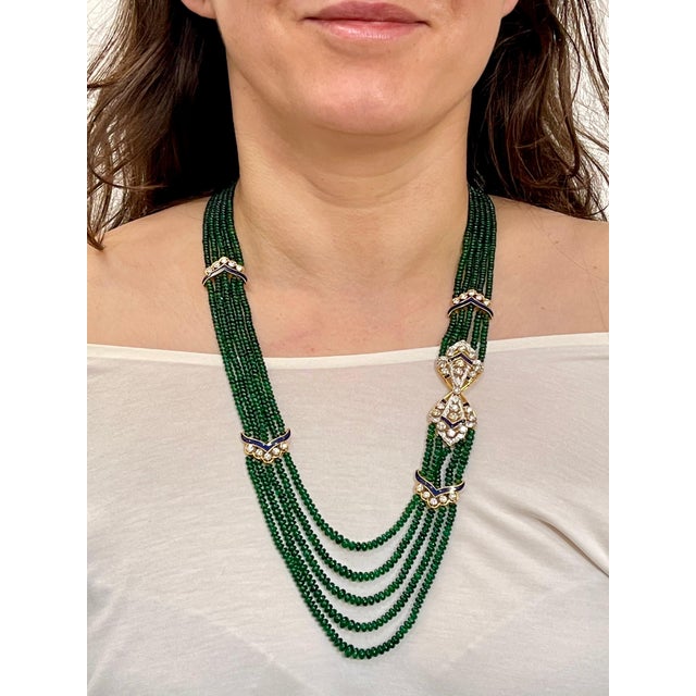 300 Carat 5-Strand Emerald Necklace with 4.8 Carat Diamond & Enamel in 14k Gold For Sale - Image 12 of 18